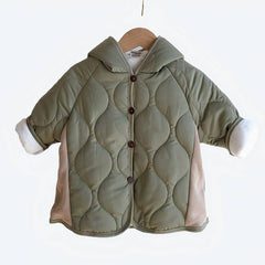 Toddler Boys Hooded Puffer Jacket in Olive Green with Pointed Hood