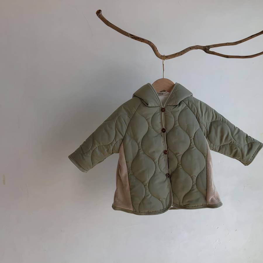 Toddler Boys Hooded Puffer Jacket in Olive Green with Pointed Hood