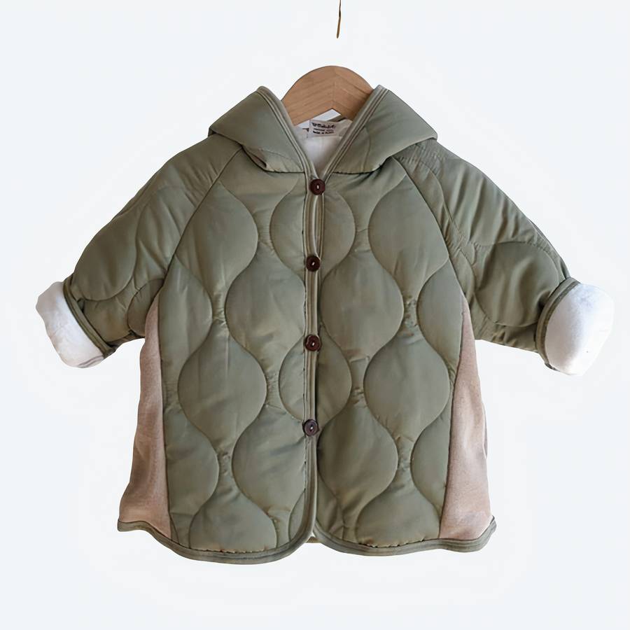 Toddler Boys Hooded Puffer Jacket in Olive Green with Pointed Hood