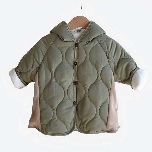 Toddler Boys Hooded Puffer Jacket in Olive Green with Pointed Hood